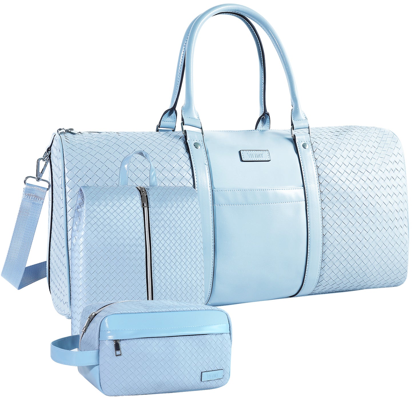 Leather Travel Bag with Shoe Pouch, Waterproof Weekender Overnight Bag, Carry On Duffel Bag for Men Women-Blue