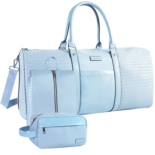 Leather Travel Bag with Shoe Pouch, Waterproof Weekender Overnight Bag, Carry On Duffel Bag for Men Women-Blue