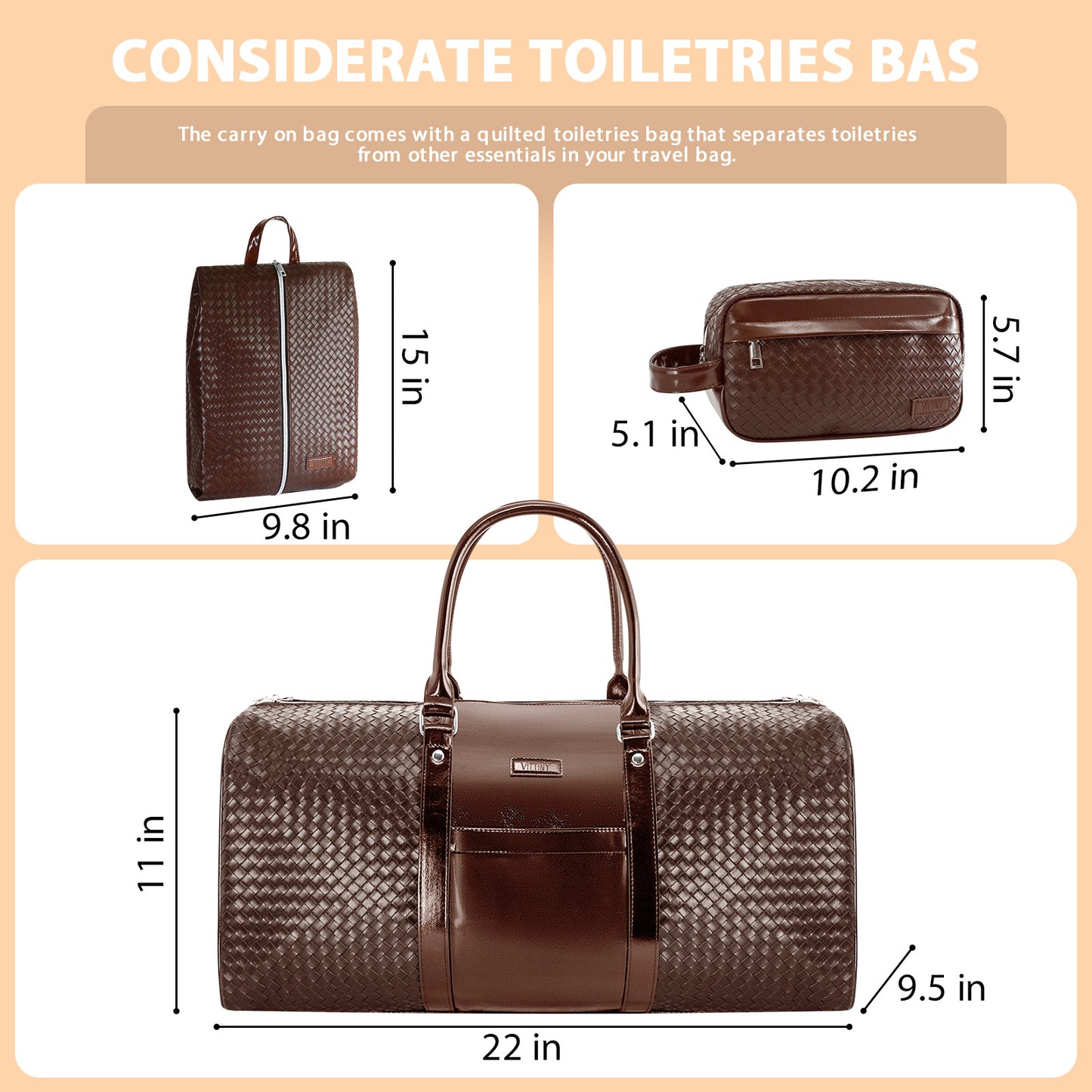 Carry On Travel Duffle Bag, Leather Overnight Bag with Toiletry Bag & Shoe Compartment, Dry & Wet Separated Sports Duffel Bag for Men, Brown