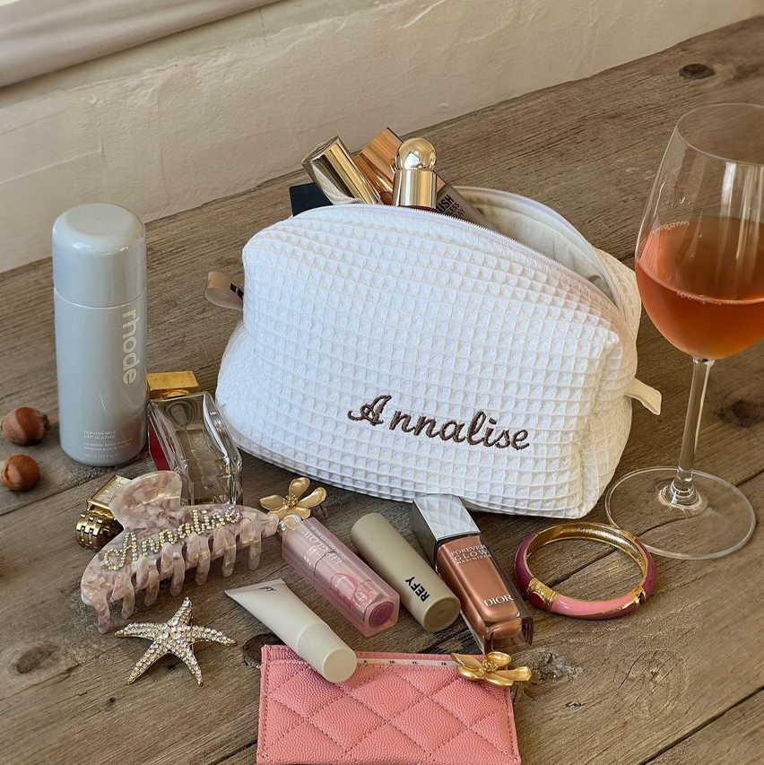 Custom Embroidery Waffle Solid Cotton Makeup Pouch Multi-colors Available Personalized Lady Waffle Weave Cotton Cosmetic Bag