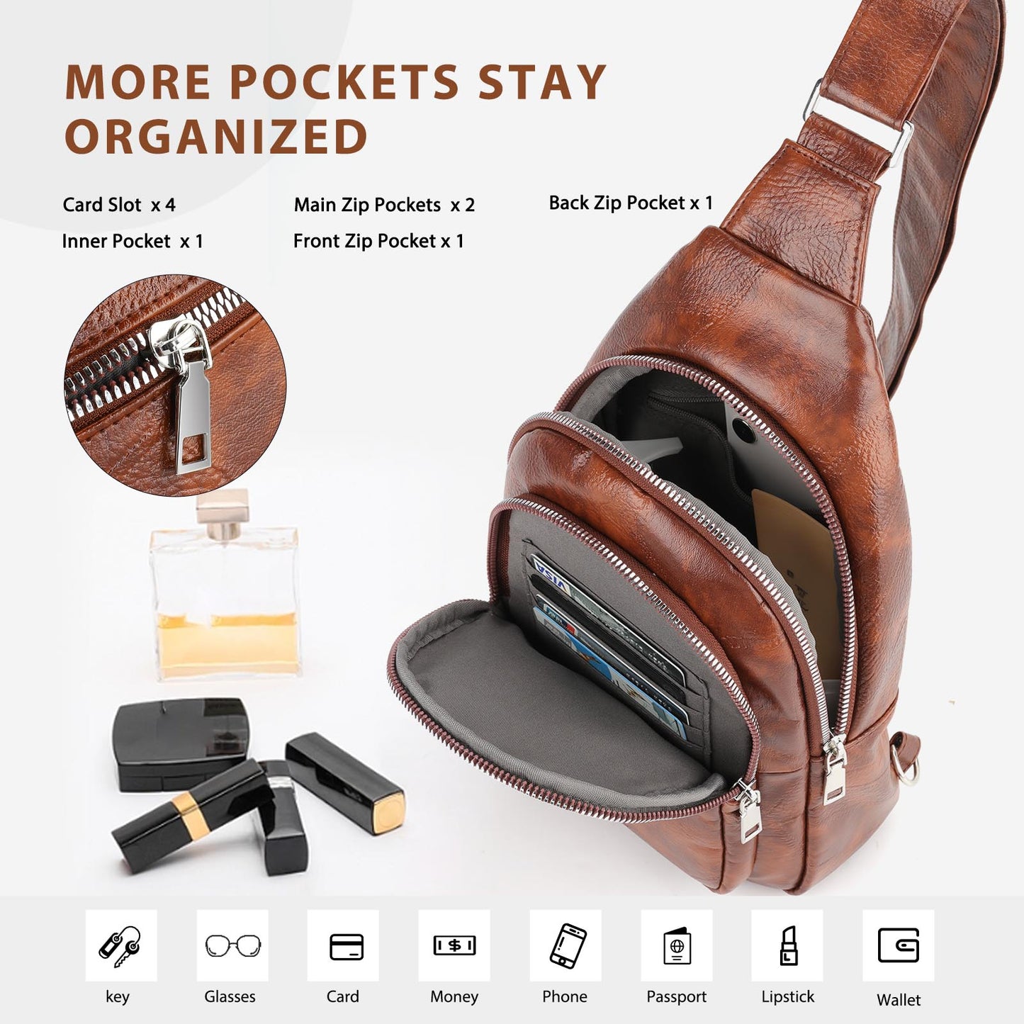 Sling Bag For Women Men Backpack Fanny Pack Crossbody Chest Travel Shoulder Belt Bags Purse Handbag PU Leather