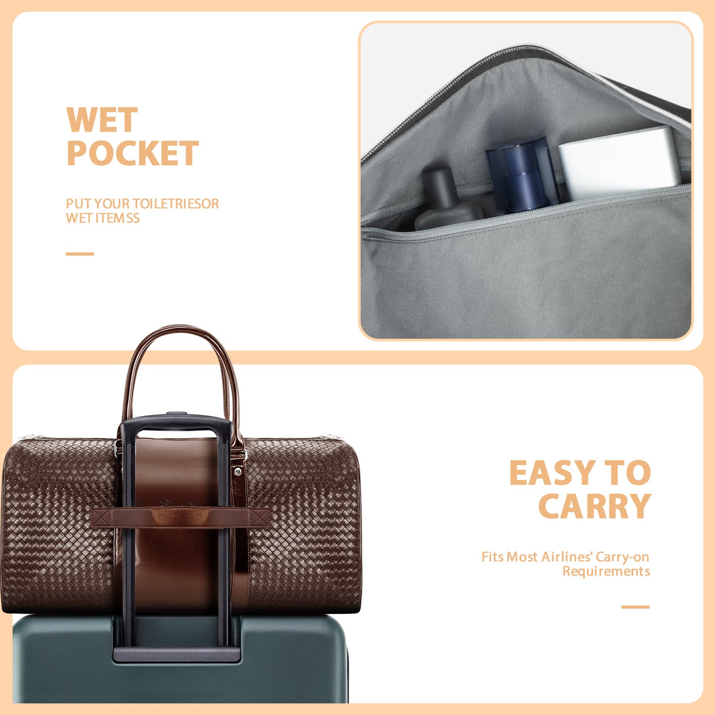 Carry On Travel Duffle Bag, Leather Overnight Bag with Toiletry Bag & Shoe Compartment, Dry & Wet Separated Sports Duffel Bag for Men, Brown