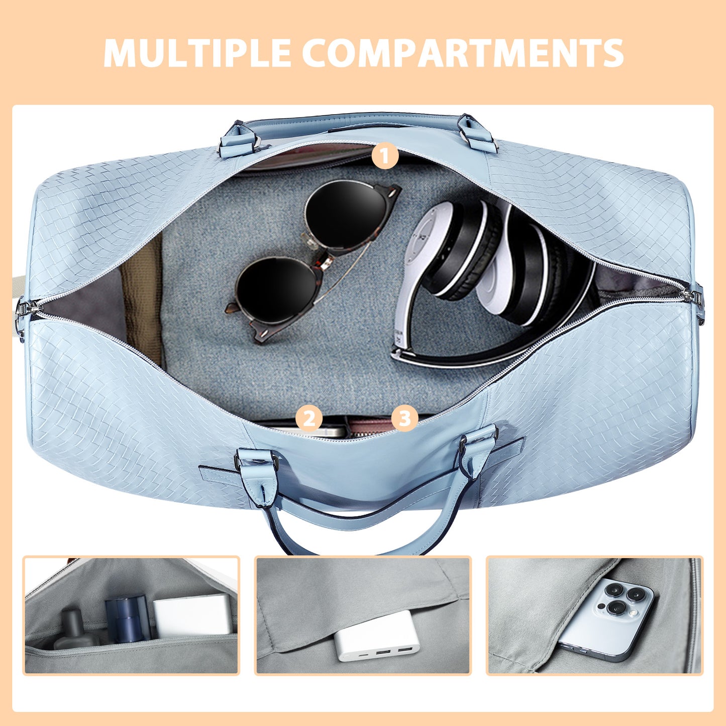 Leather Travel Bag with Shoe Pouch, Waterproof Weekender Overnight Bag, Carry On Duffel Bag for Men Women-Blue