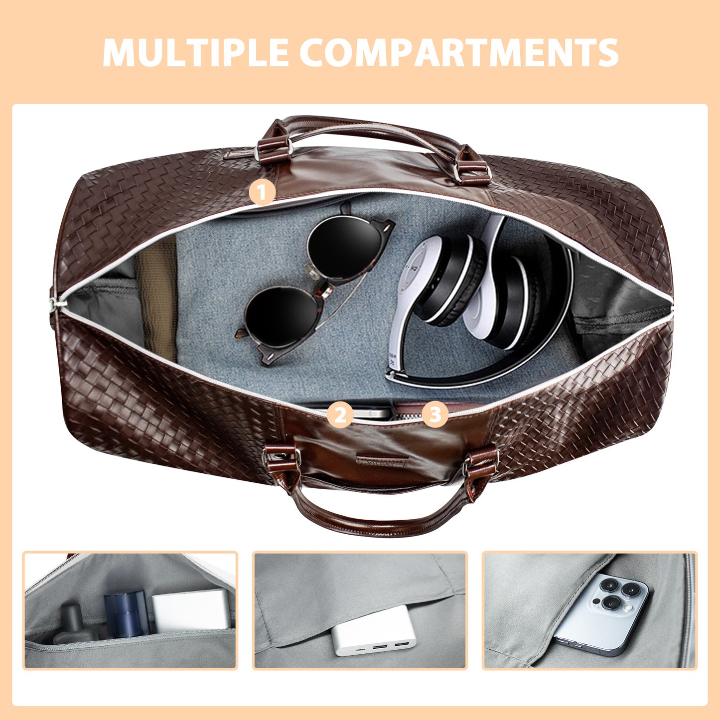 3-in-1 Leather Duffle Bag for Travel with Toiletry Bag and Shoe Compartment, Weekender Overnight Gym Bag for Men Women, Carry On Bag Fits 21 Inch Laptop