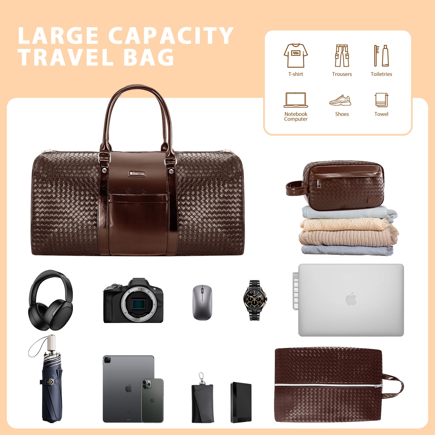 Carry On Travel Duffle Bag, Leather Overnight Bag with Toiletry Bag & Shoe Compartment, Dry & Wet Separated Sports Duffel Bag for Men, Brown