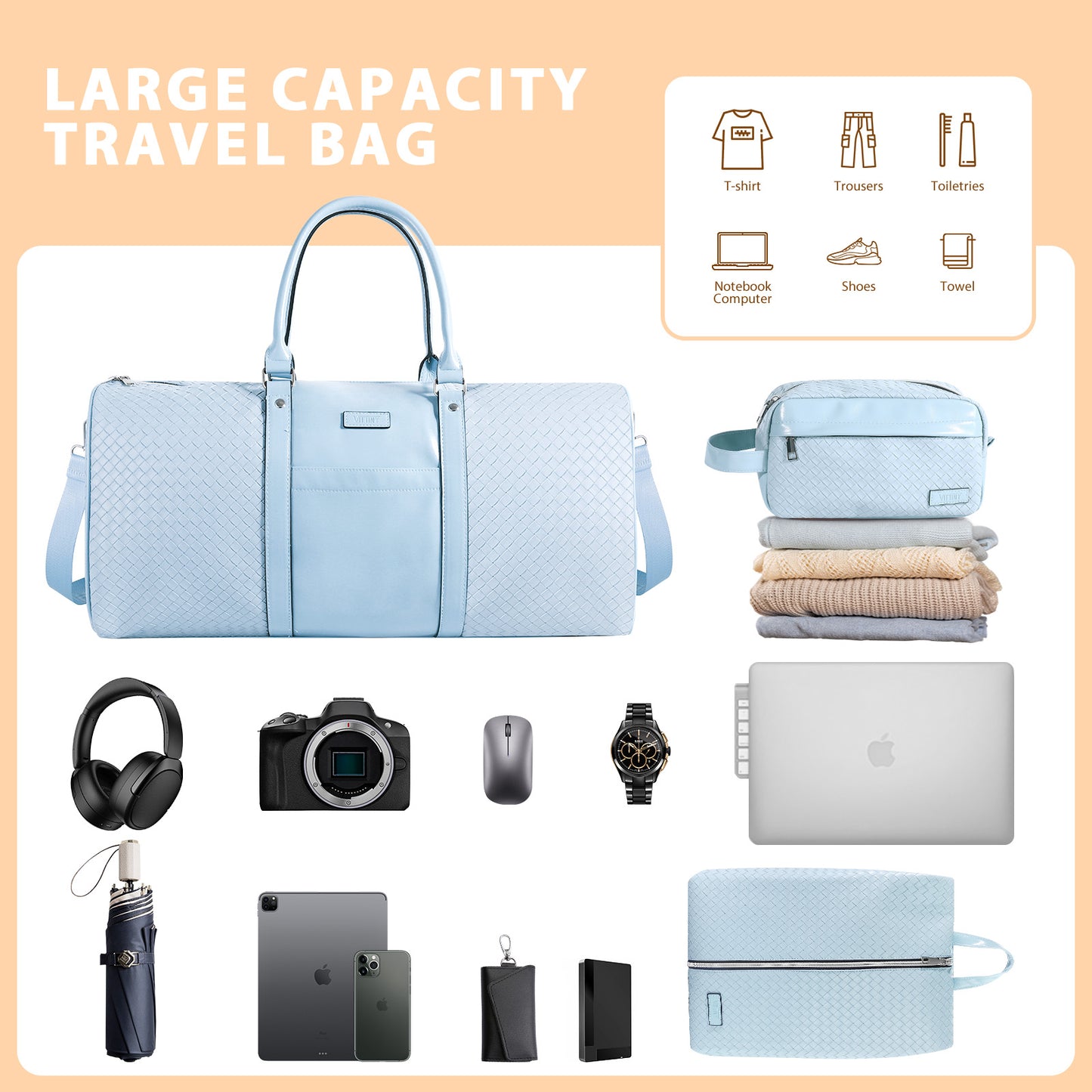 Leather Travel Bag with Shoe Pouch, Waterproof Weekender Overnight Bag, Carry On Duffel Bag for Men Women-Blue