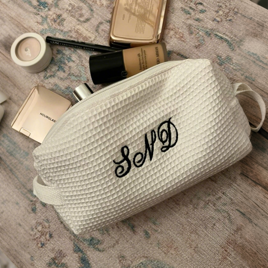 Custom Embroidery Waffle Solid Cotton Makeup Pouch Multi-colors Available Personalized Lady Waffle Weave Cotton Cosmetic Bag