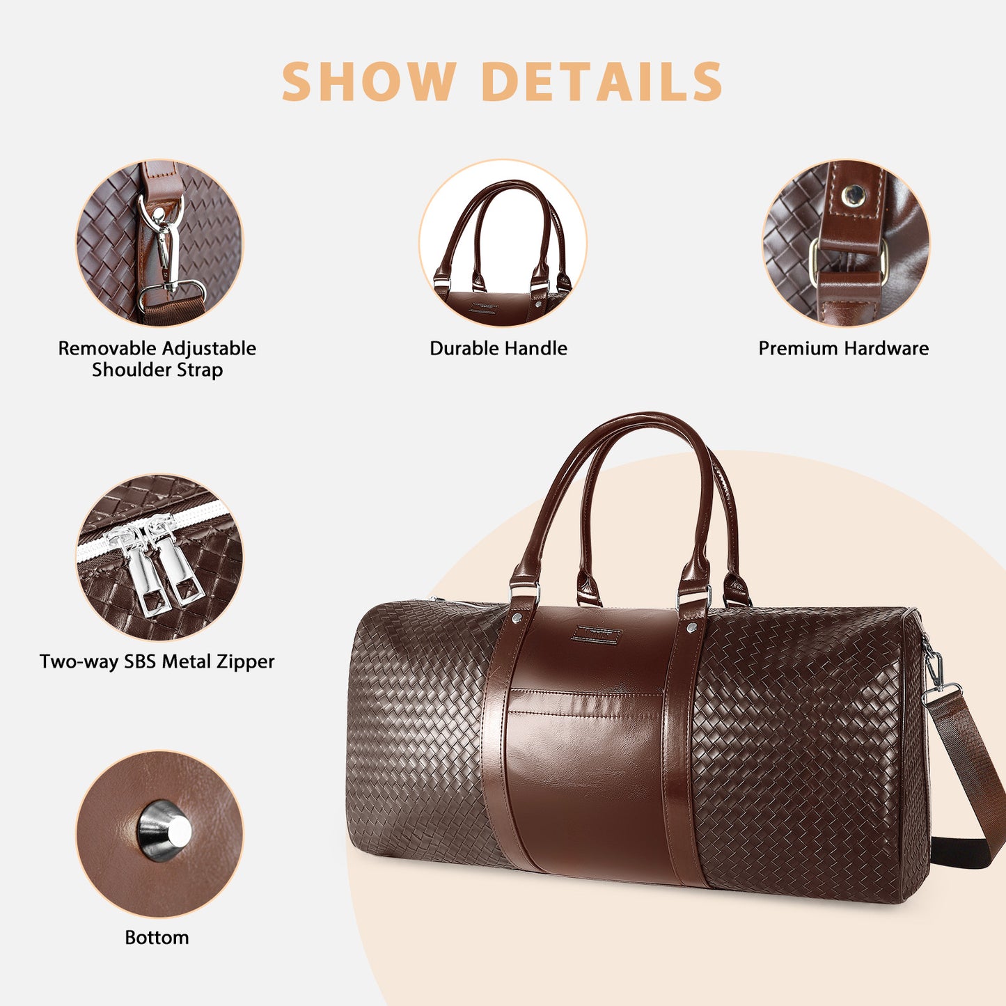 Carry On Travel Duffle Bag, Leather Overnight Bag with Toiletry Bag & Shoe Compartment, Dry & Wet Separated Sports Duffel Bag for Men, Brown