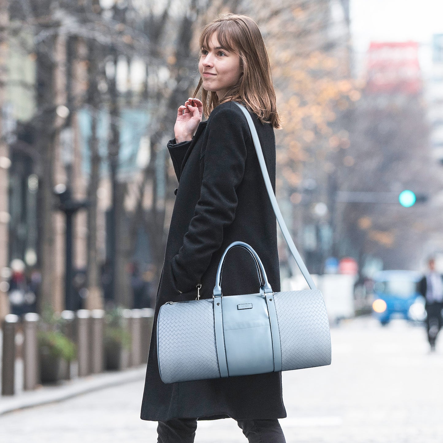 Leather Travel Bag with Shoe Pouch, Waterproof Weekender Overnight Bag, Carry On Duffel Bag for Men Women-Blue